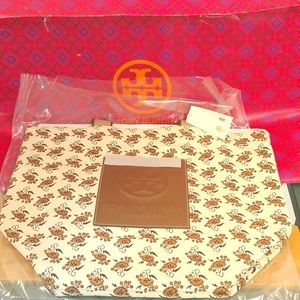 Tory Burch Ella Reversible Printed Market Tote Handbag Curly Ditsy Canvas Leat